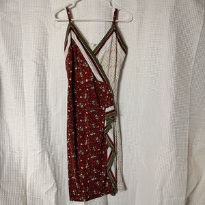 Cato Red Floral & Stripe Wrap Midi Dress with Olive Accents